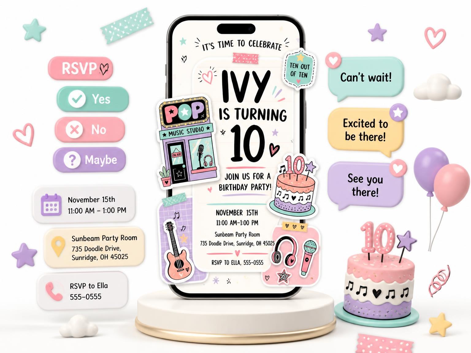 The Studio Building Pastel 10th Birthday Invitation invitation on a phone, with guest RSVPs arriving around it