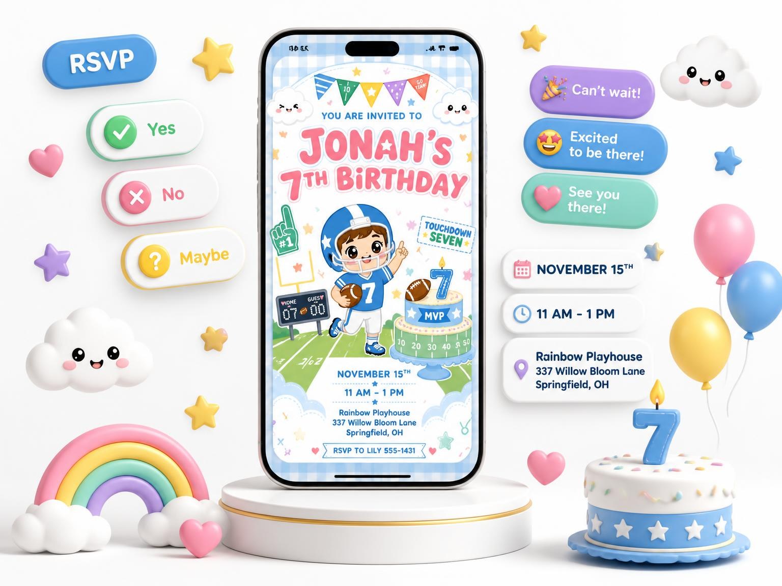 The Cake Kawaii Pastel 7th Birthday Invitation invitation on a phone, with guest RSVPs arriving around it