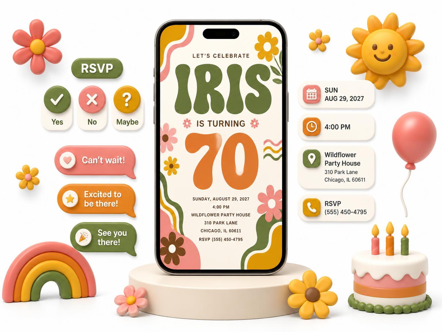 The Groovy Retro 70th Birthday Invitation invitation on a phone, with guest RSVPs arriving around it