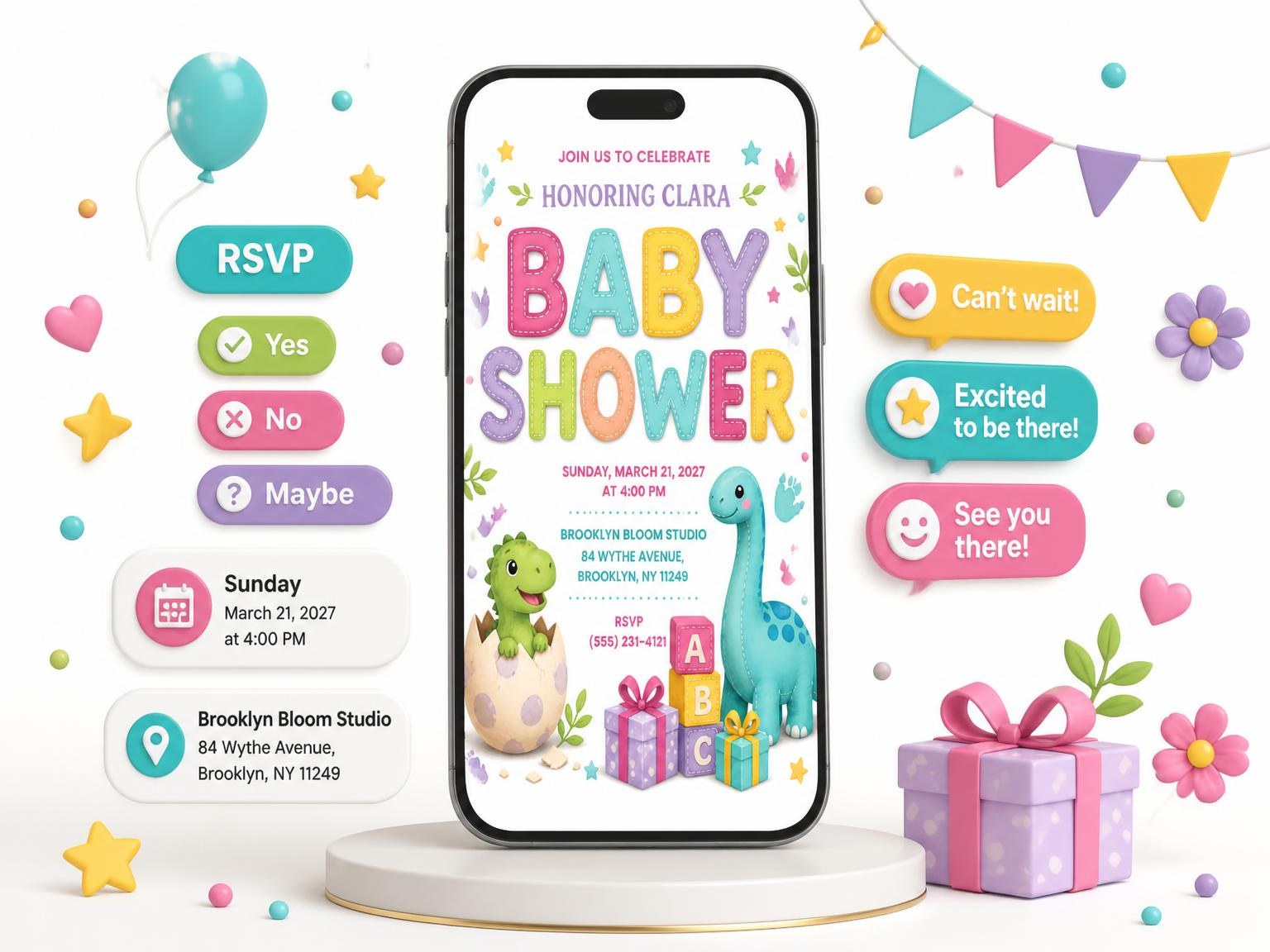The T-Rex Dinosaur Baby Shower Invitation invitation on a phone, with guest RSVPs arriving around it
