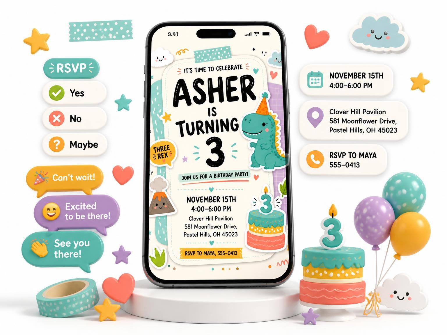 The Pastel Green T-Rex 3rd Birthday Invitation invitation on a phone, with guest RSVPs arriving around it