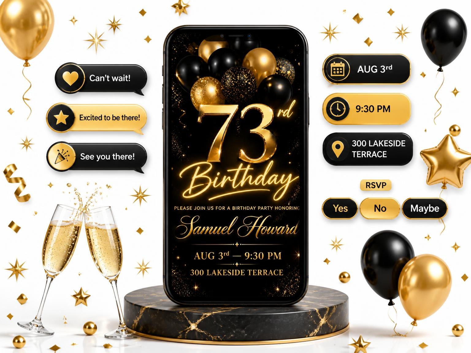 The Black and Gold Balloon 73rd Birthday invitation on a phone, with guest RSVPs arriving around it