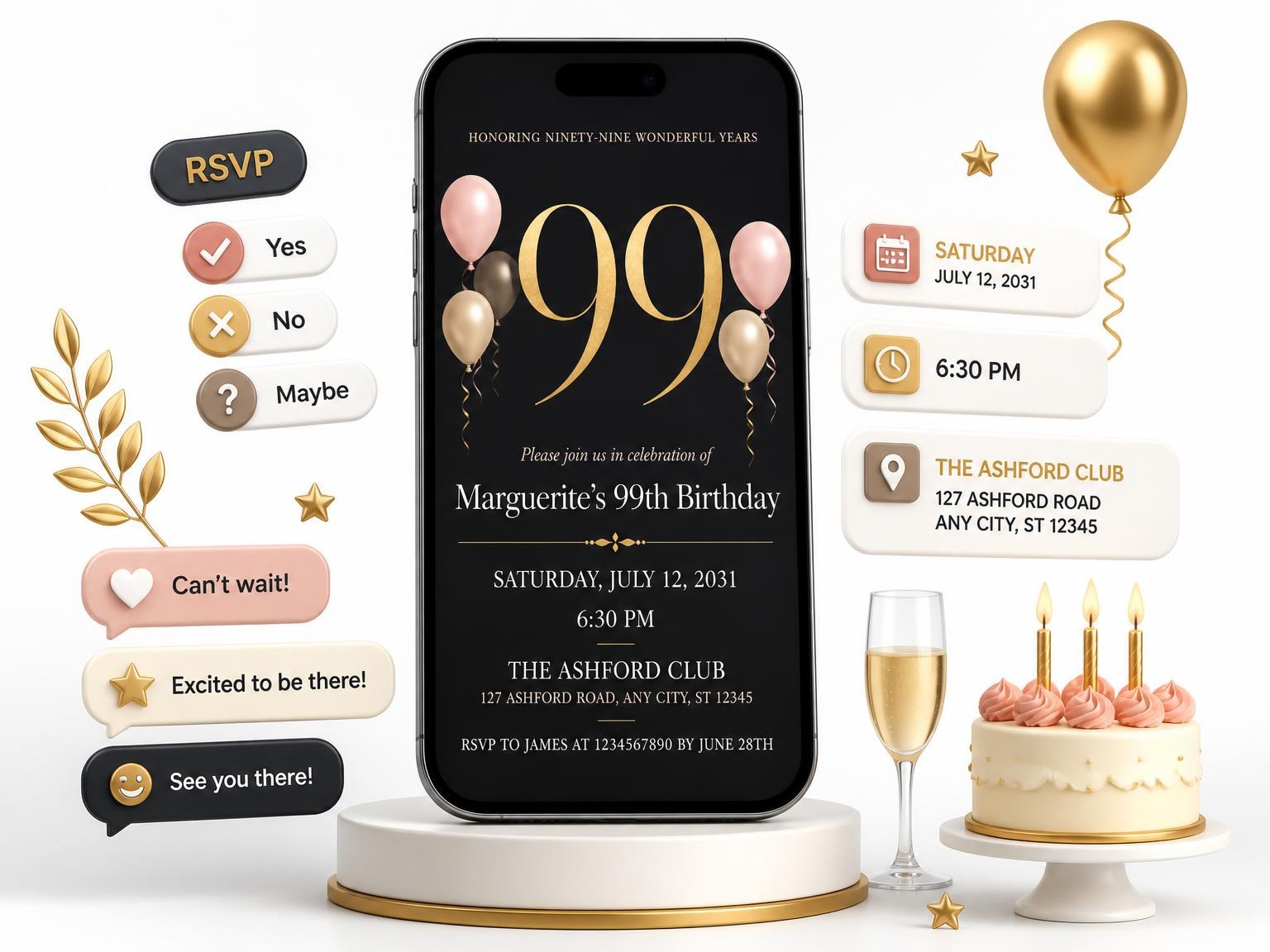 The Charcoal and Blush 99th Birthday Invitation invitation on a phone, with guest RSVPs arriving around it