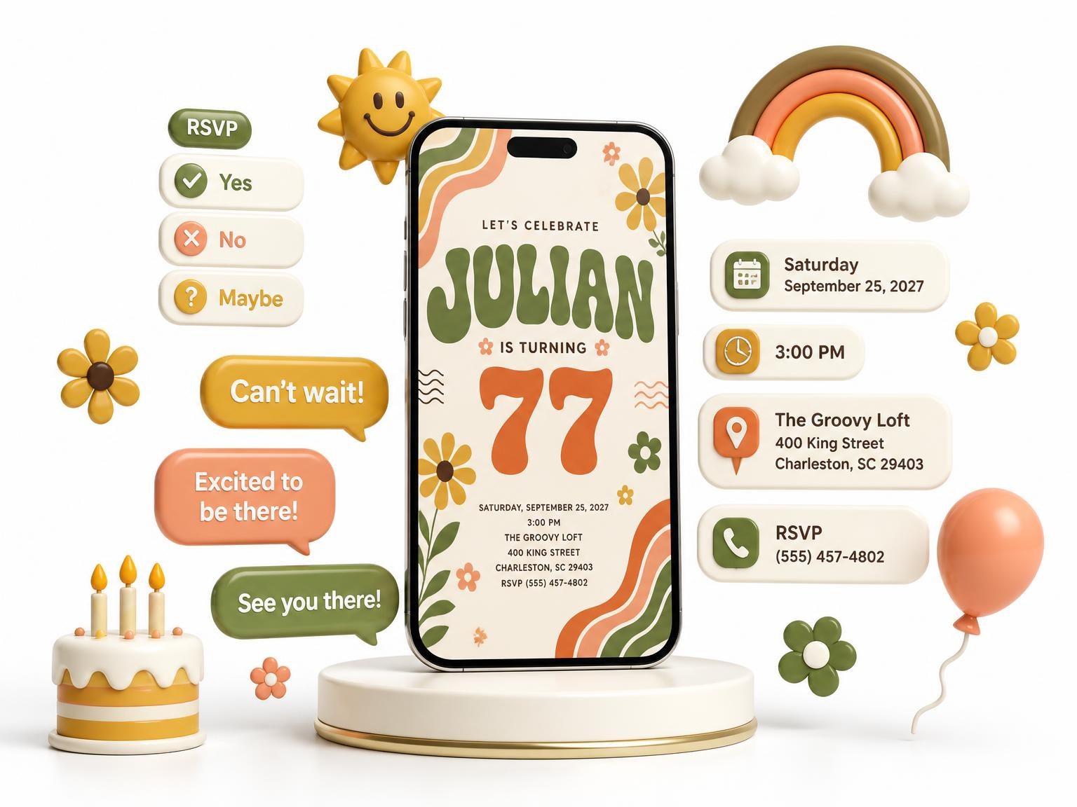 The Groovy Retro 77th Birthday Invitation invitation on a phone, with guest RSVPs arriving around it