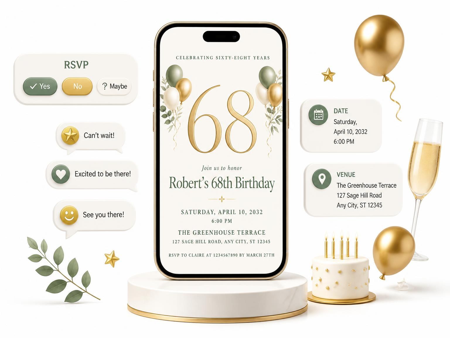 The Sage and Ivory 68th Birthday Invitation invitation on a phone, with guest RSVPs arriving around it