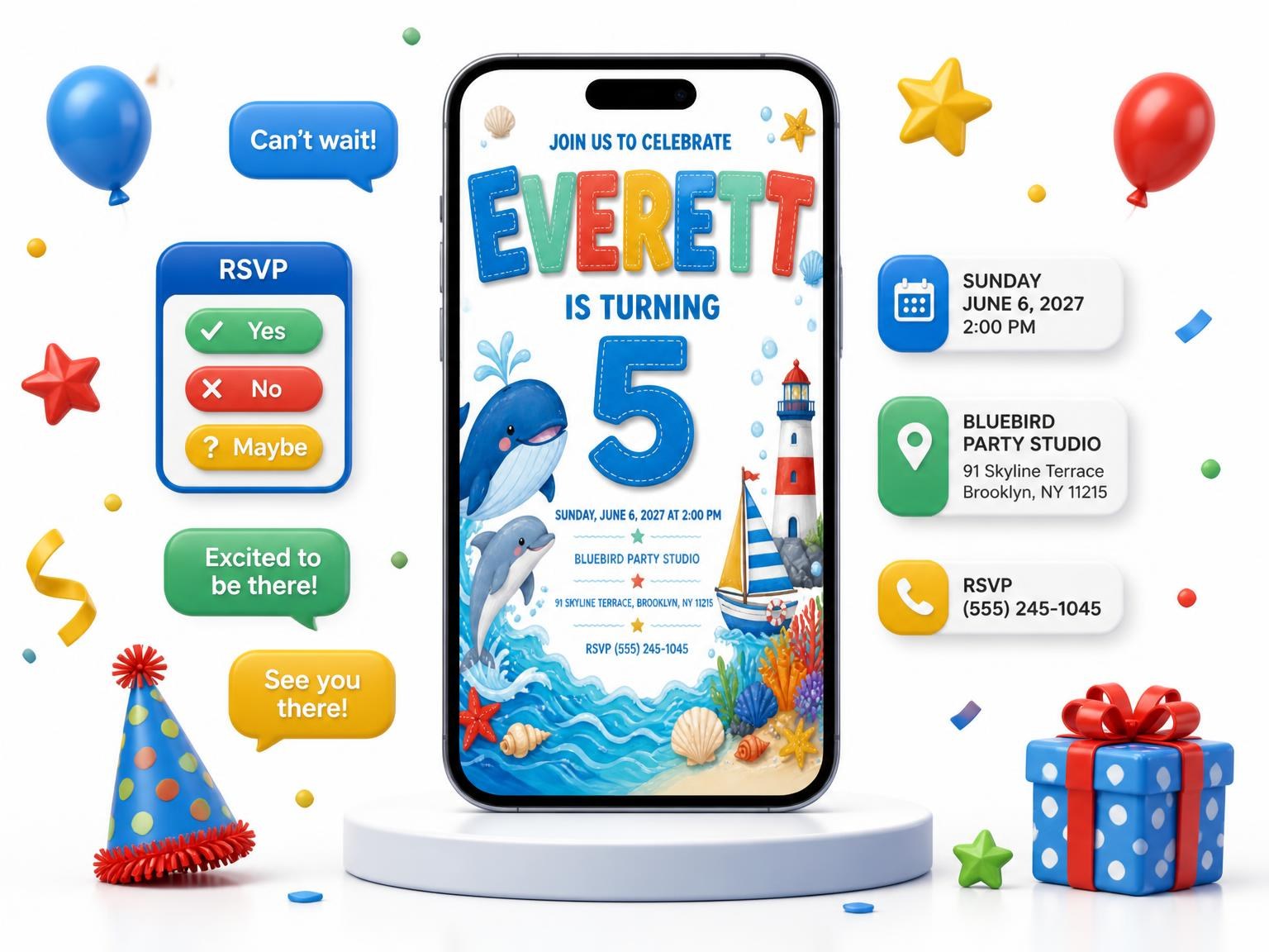 The Jumping Dolphin 5th Birthday Invitation invitation on a phone, with guest RSVPs arriving around it