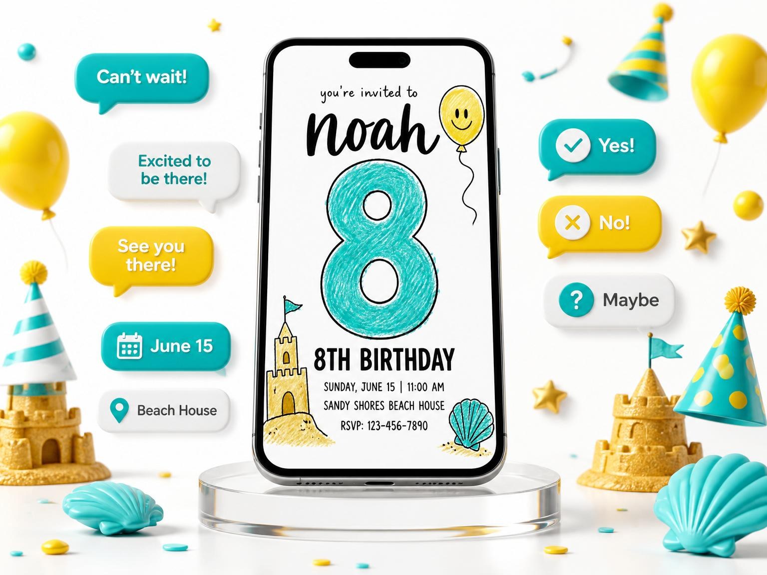 The Crayon Beach Sandcastle 8th Birthday invitation on a phone, with guest RSVPs arriving around it