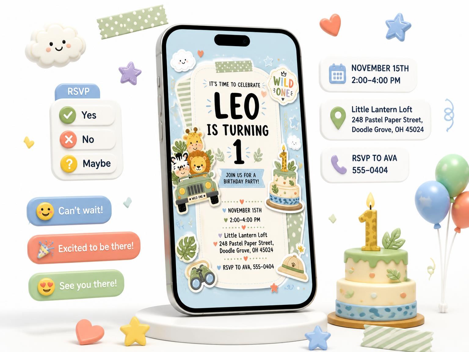 The Pastel Safari 1st Birthday Invitation invitation on a phone, with guest RSVPs arriving around it