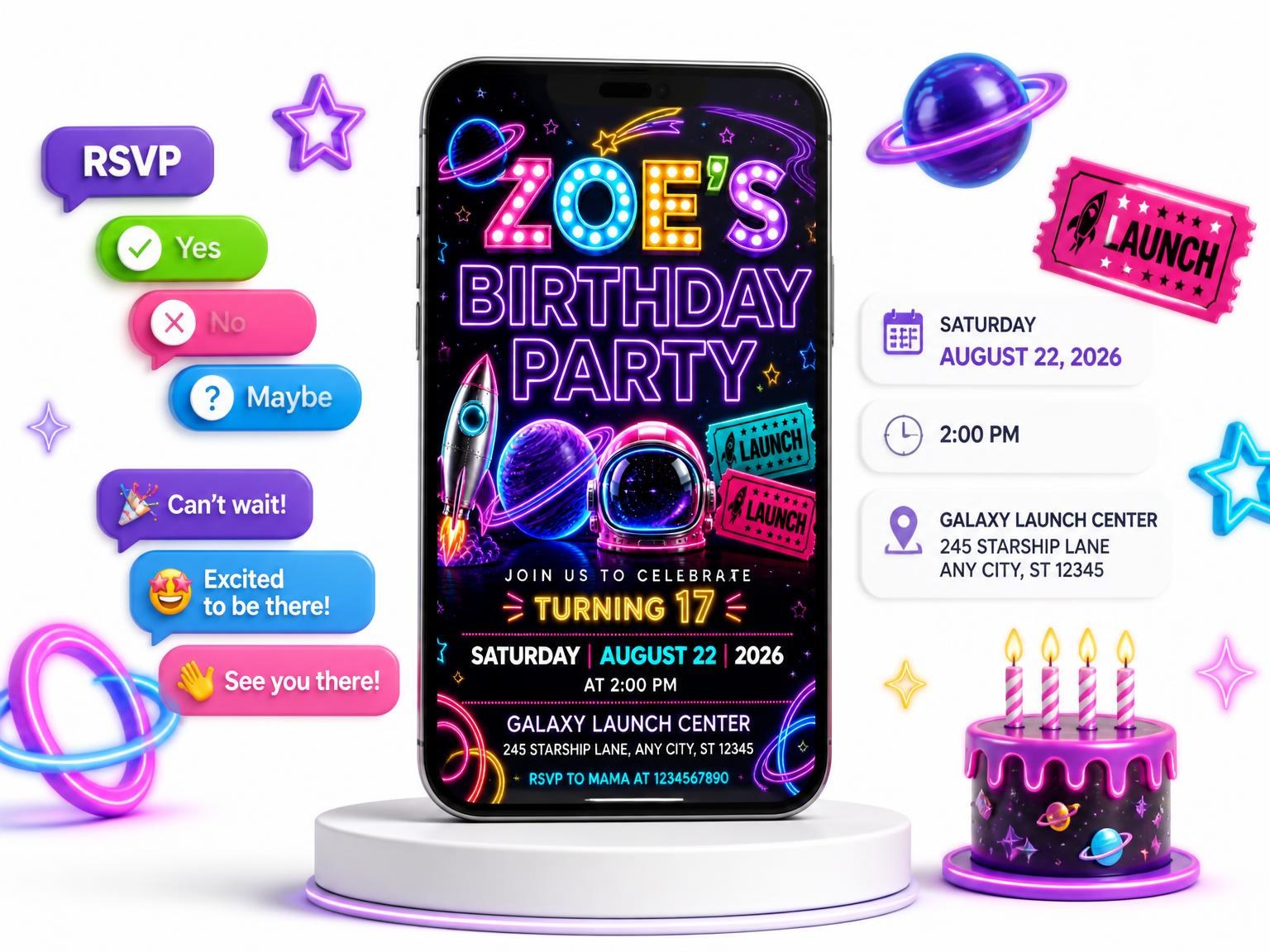 The Neon Space 17th Birthday Invitation invitation on a phone, with guest RSVPs arriving around it