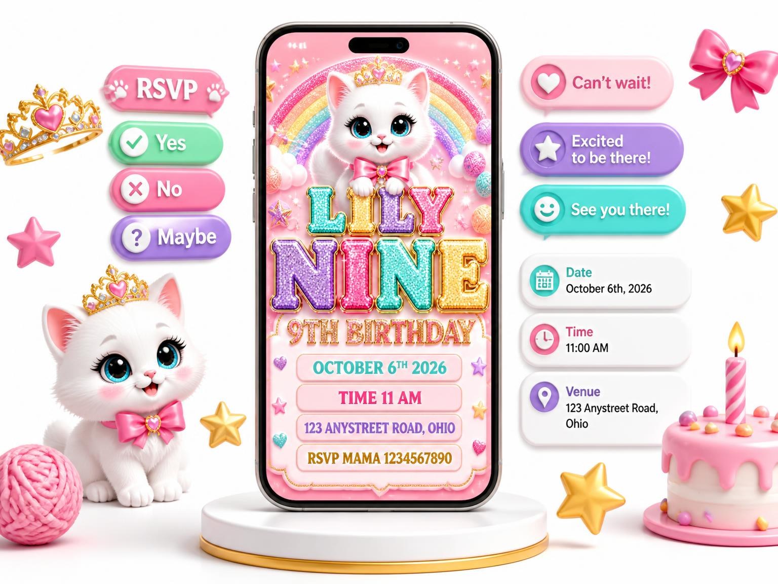 The Glitter Kitty Cat 9th Birthday Invitation invitation on a phone, with guest RSVPs arriving around it