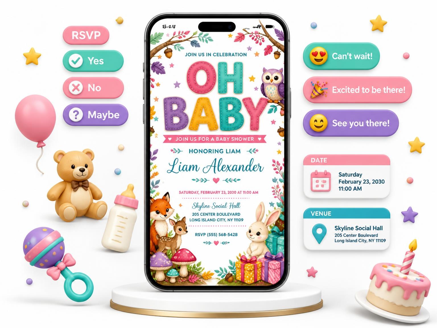 The Branch Arch Baby Shower Invitation invitation on a phone, with guest RSVPs arriving around it
