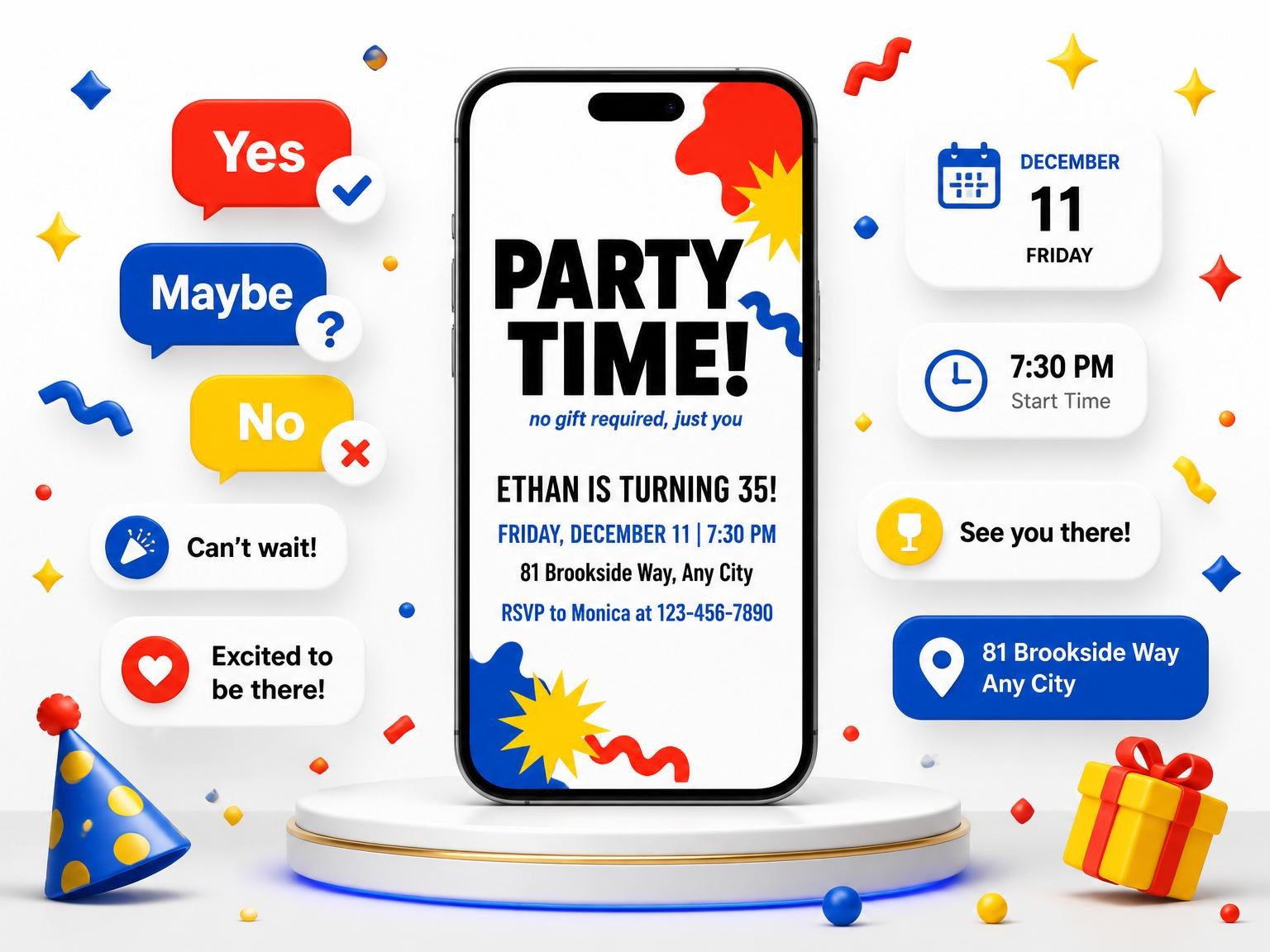 The Primary Memphis Geometric 35th Birthday invitation on a phone, with guest RSVPs arriving around it