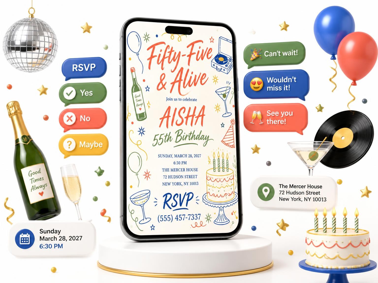 The Retro Doodle 55th Birthday Invitation invitation on a phone, with guest RSVPs arriving around it