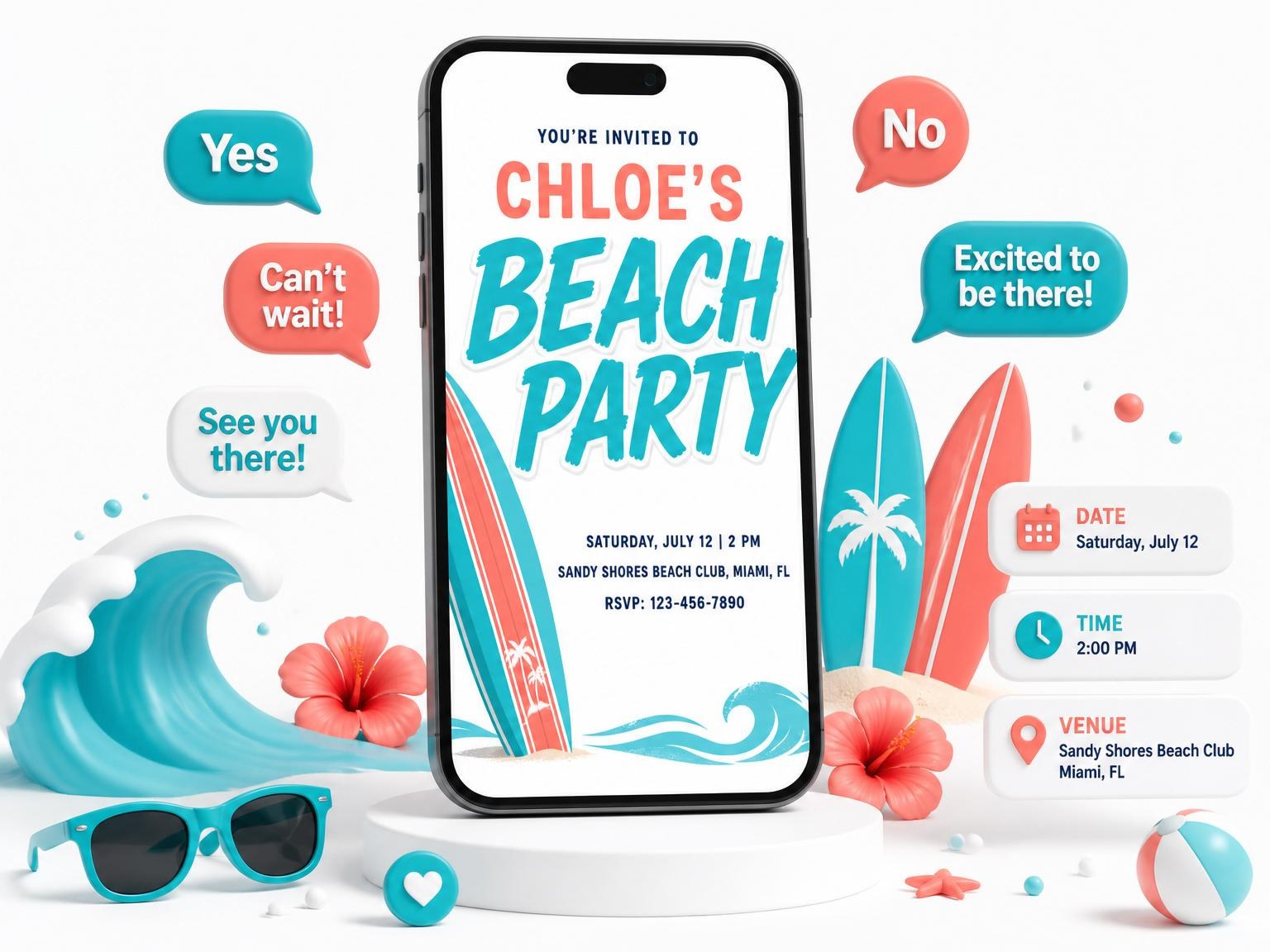 The Surfboard Ocean Wave Beach Party invitation on a phone, with guest RSVPs arriving around it
