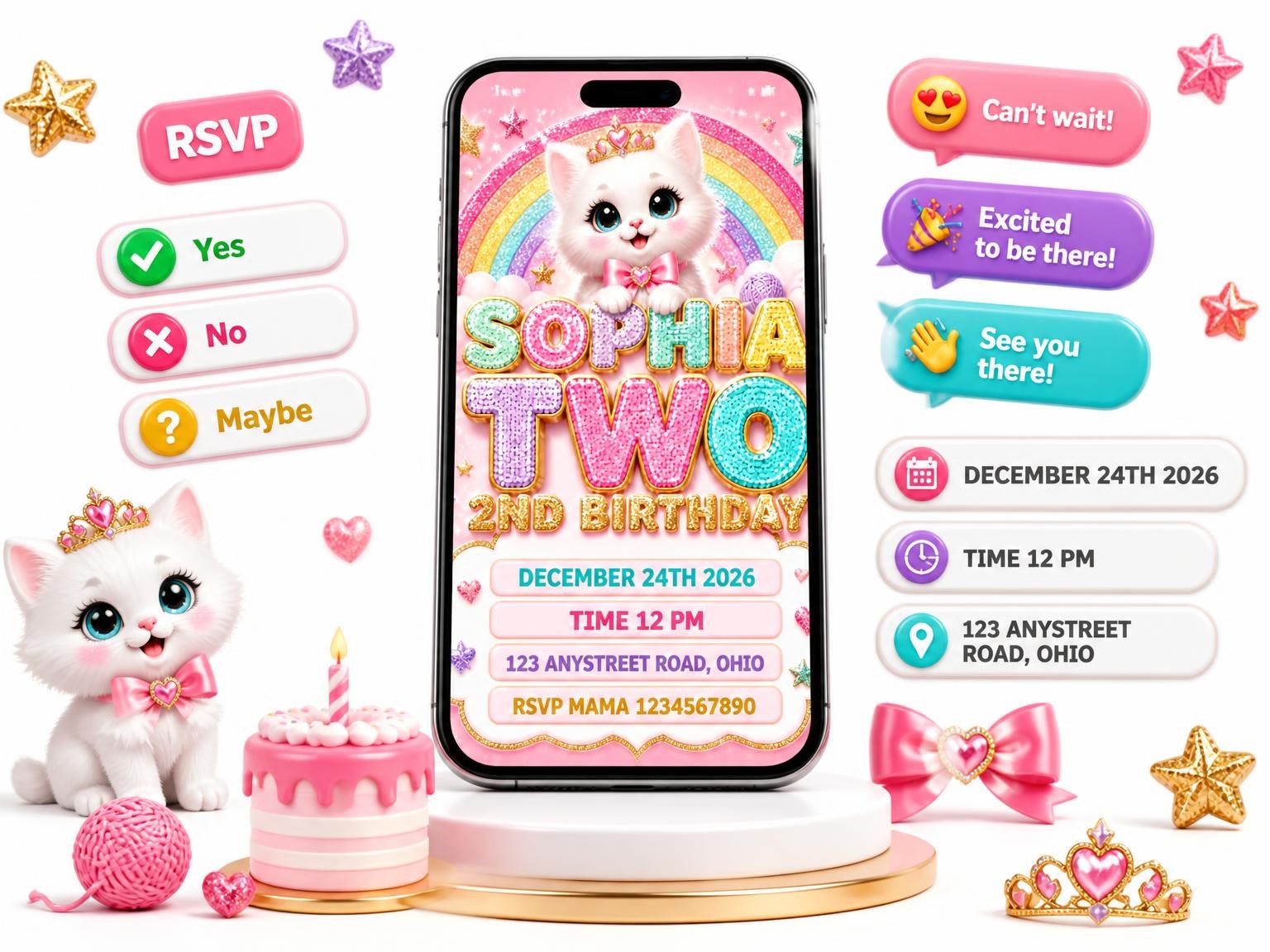 The Glitter Kitty Cat 2nd Birthday Invitation invitation on a phone, with guest RSVPs arriving around it