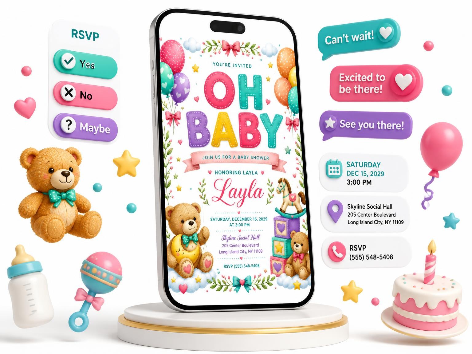 The Balloons Baby Shower Invitation invitation on a phone, with guest RSVPs arriving around it