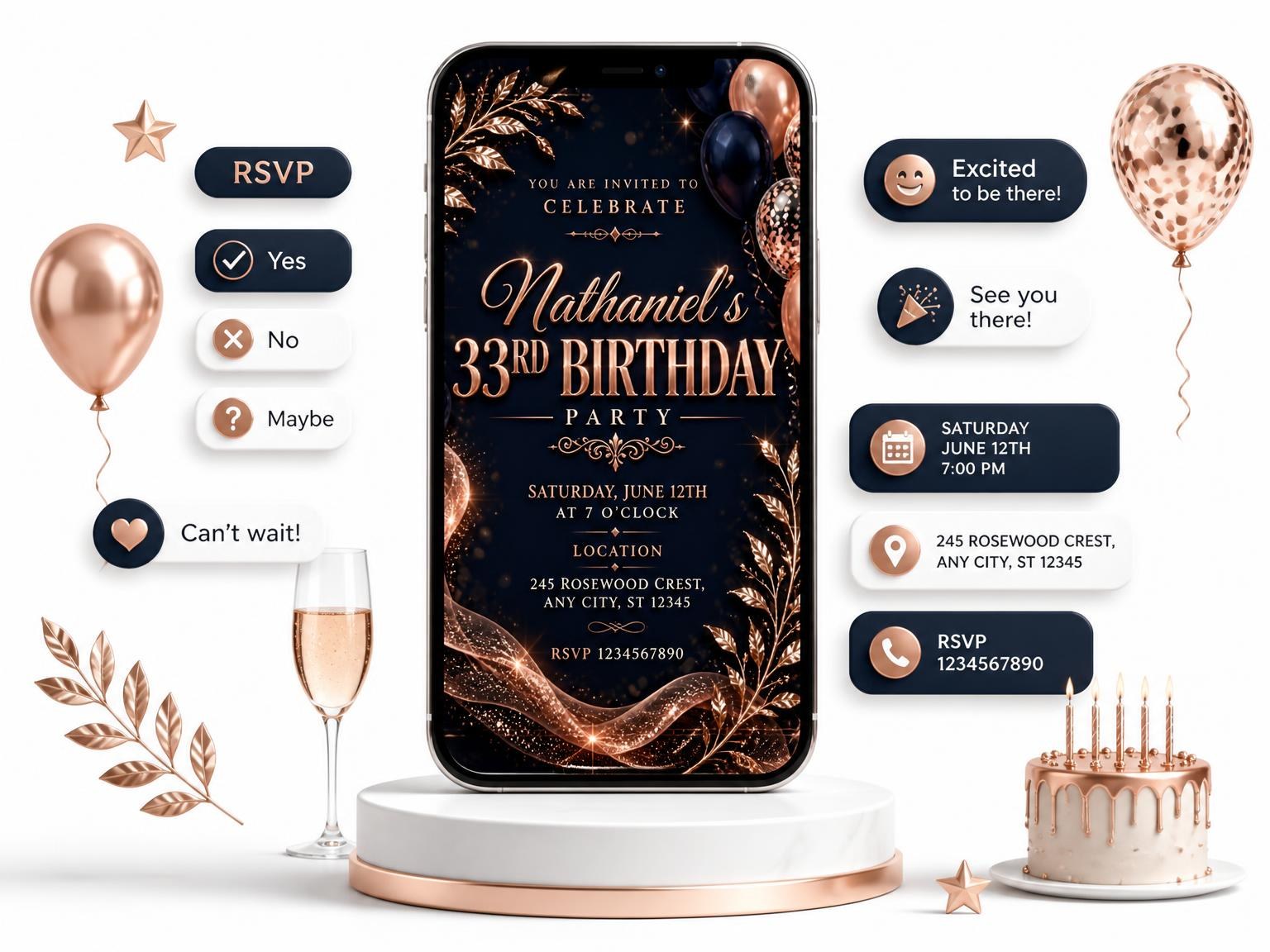 The Navy and Rose Gold 33rd Birthday Invitation invitation on a phone, with guest RSVPs arriving around it
