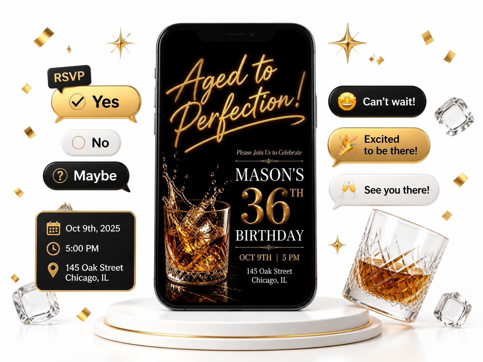 The Whiskey 36th Birthday Invitation invitation on a phone, with guest RSVPs arriving around it