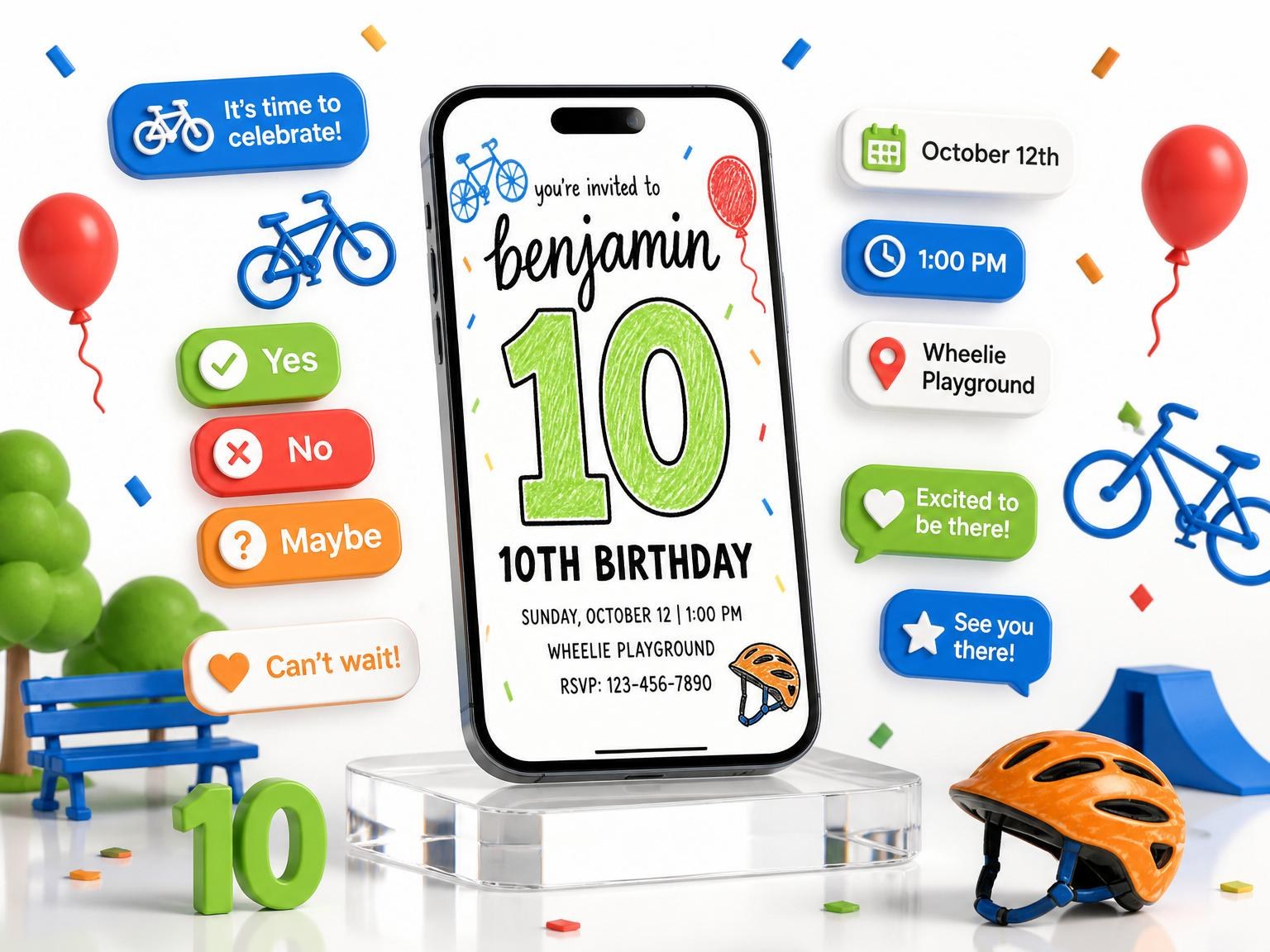 The Crayon Bicycle Motif 10th Birthday invitation on a phone, with guest RSVPs arriving around it