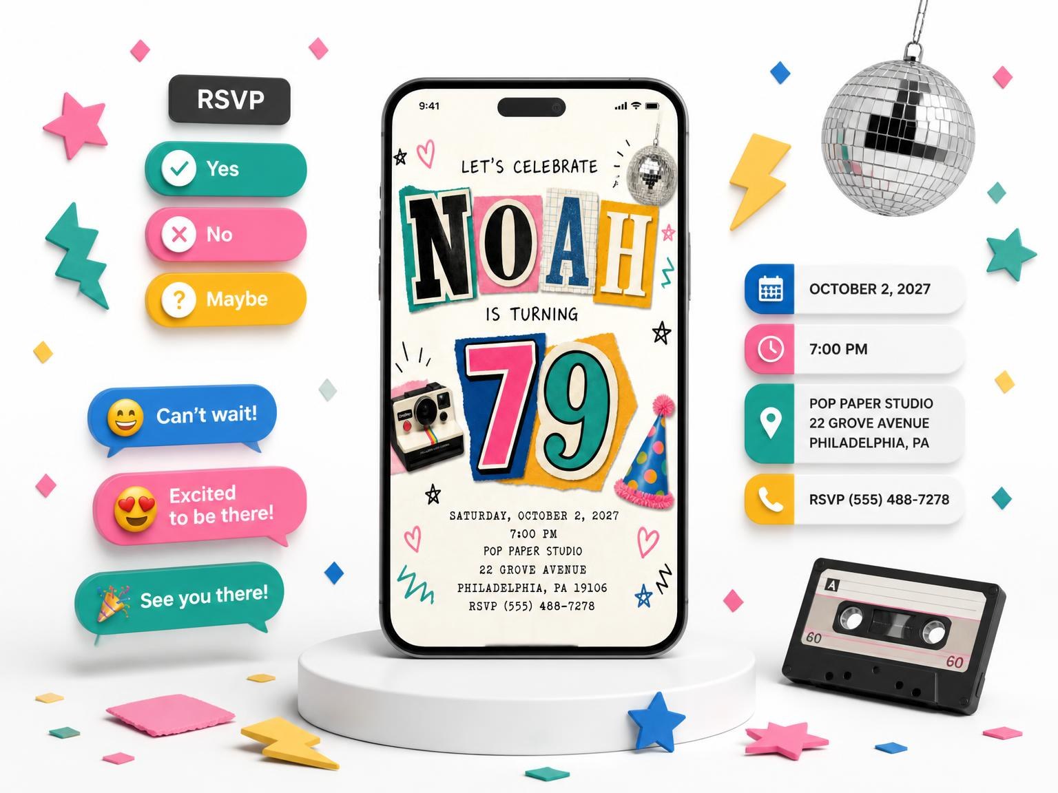The Retro Paper Collage 79th Birthday Invitation invitation on a phone, with guest RSVPs arriving around it