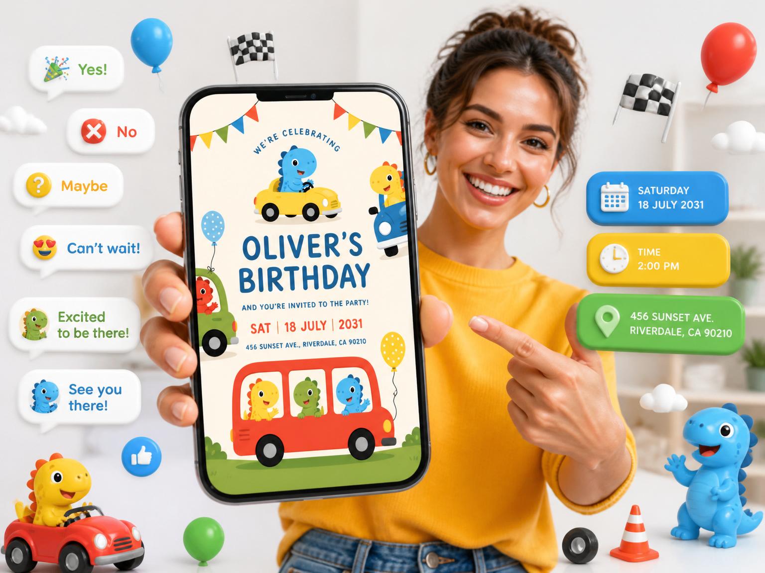 The Dinosaur Road Trip 3rd Birthday Invitation invitation on a phone, with guest RSVPs arriving around it