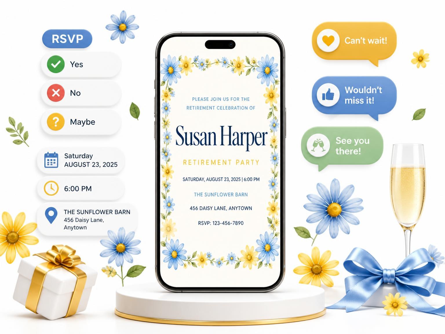 The Floral Retirement Party Invitation invitation on a phone, with guest RSVPs arriving around it