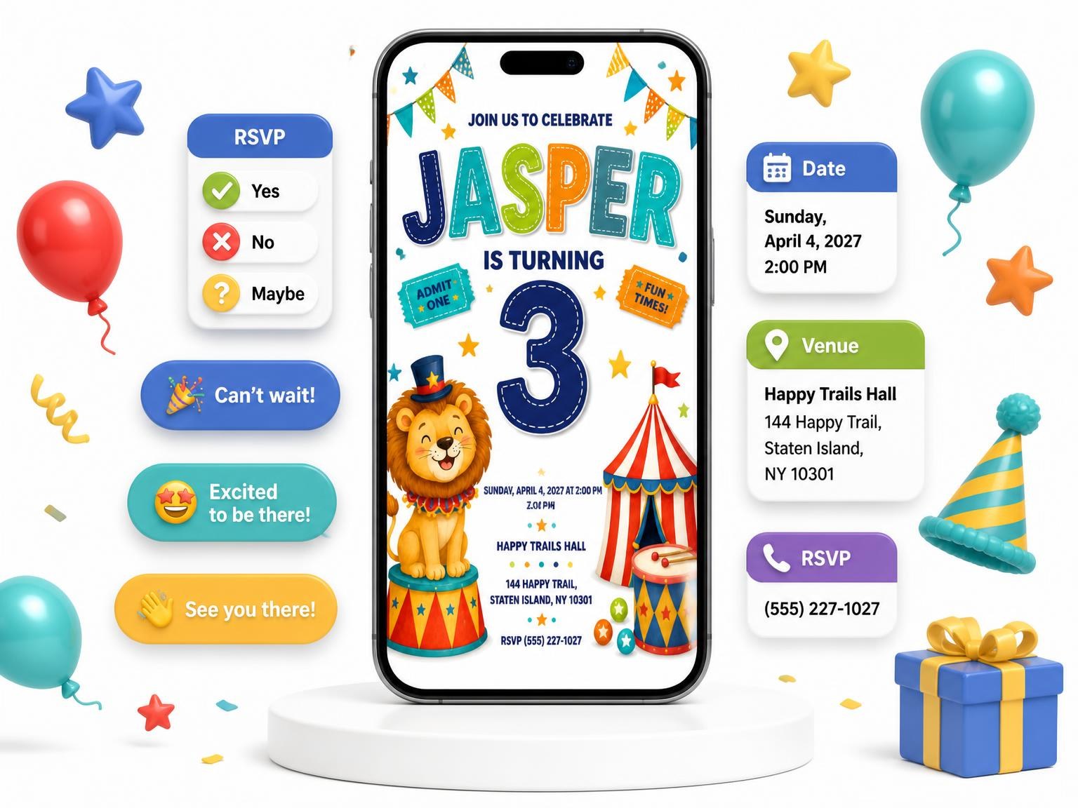 The Stitched Circus Big Top 3rd Birthday Invitation invitation on a phone, with guest RSVPs arriving around it