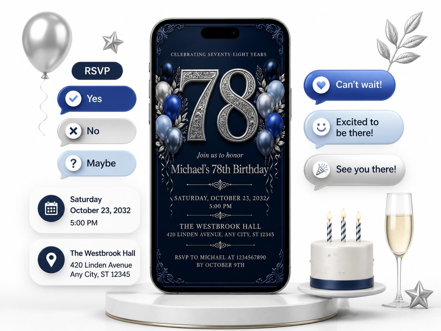 The Navy and Silver 78th Birthday Invitation invitation on a phone, with guest RSVPs arriving around it