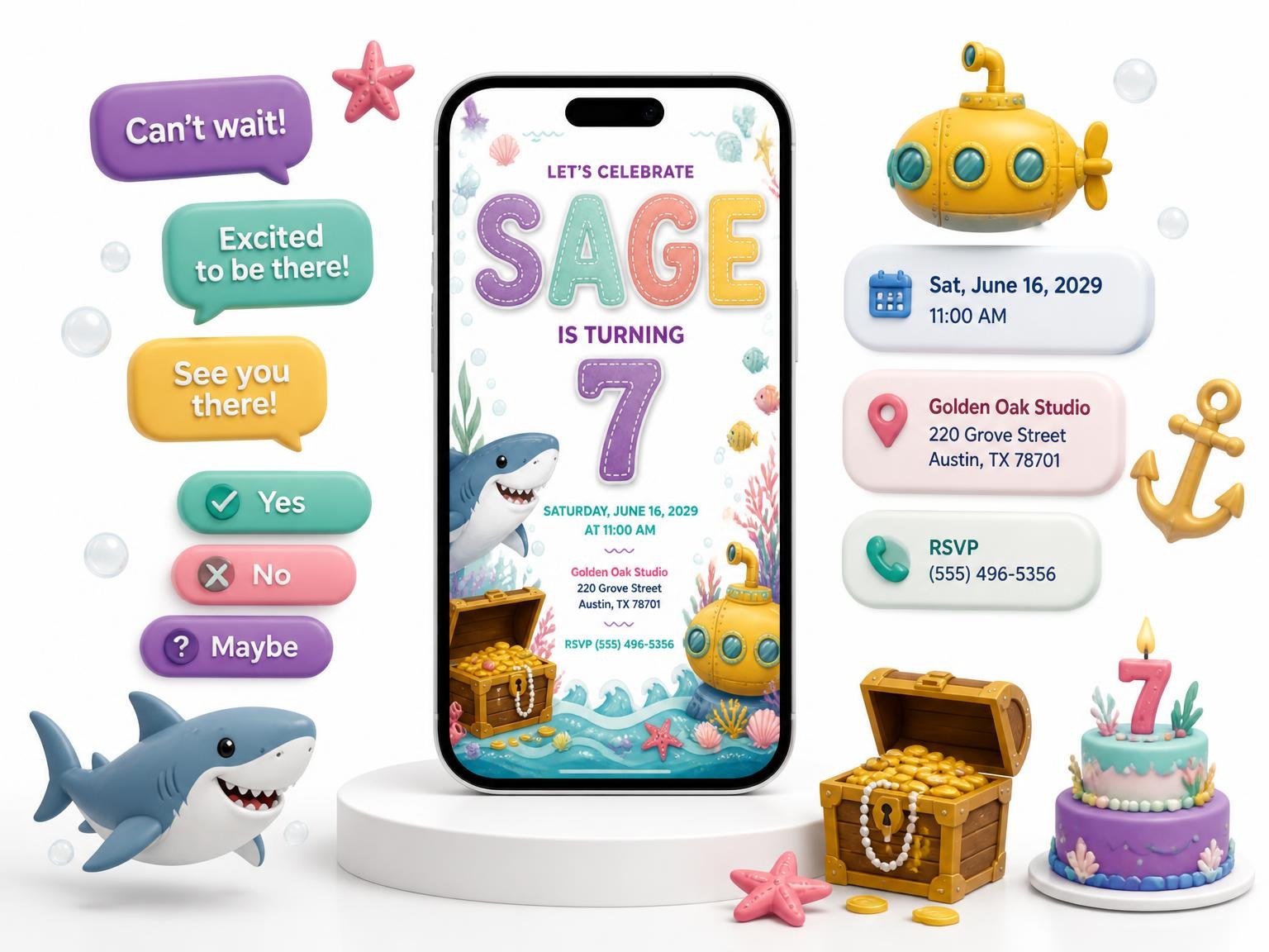 The Stitched Shark 7th Birthday Invitation invitation on a phone, with guest RSVPs arriving around it