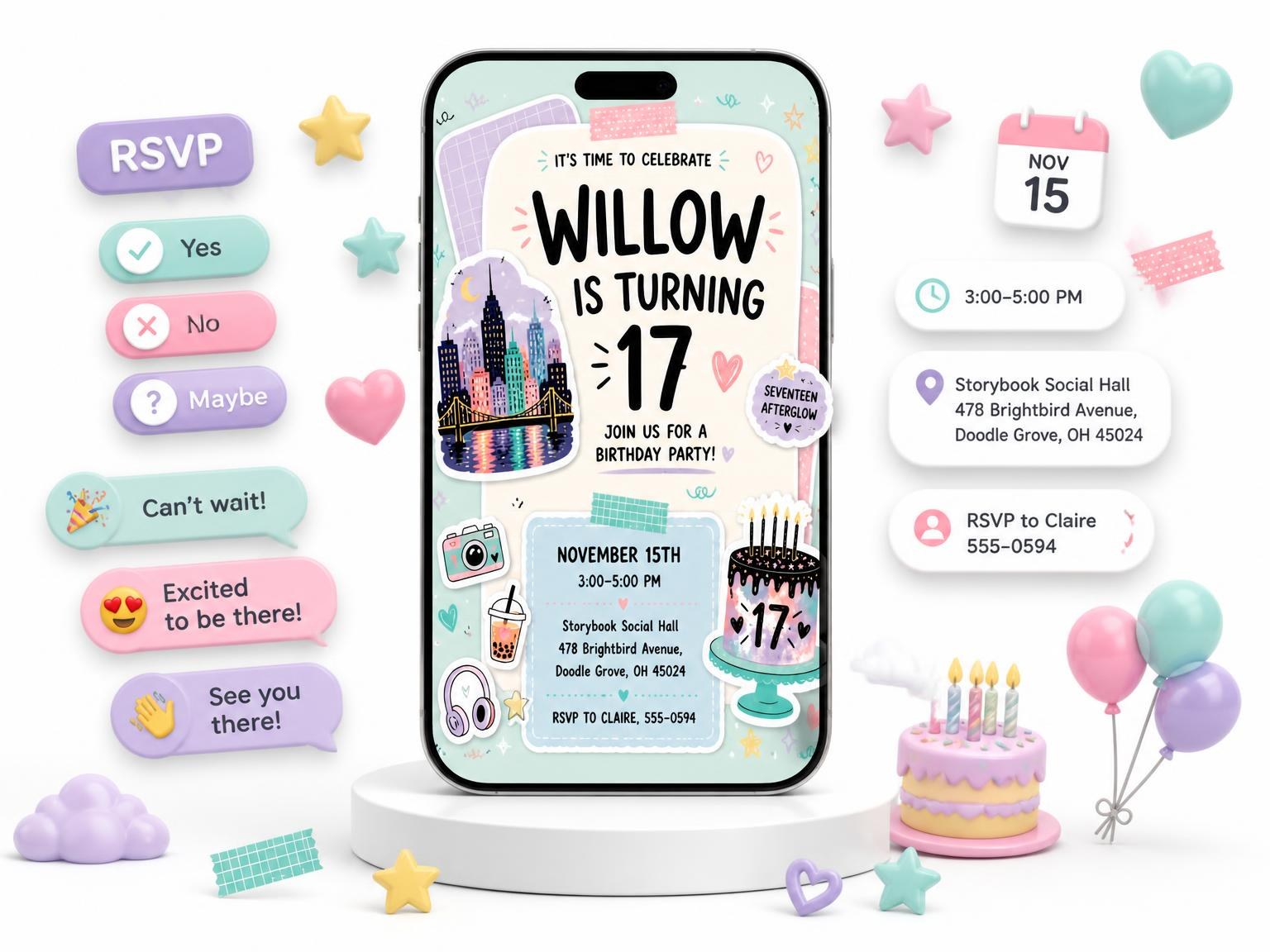 The City Skyline Pastel 17th Birthday Invitation invitation on a phone, with guest RSVPs arriving around it