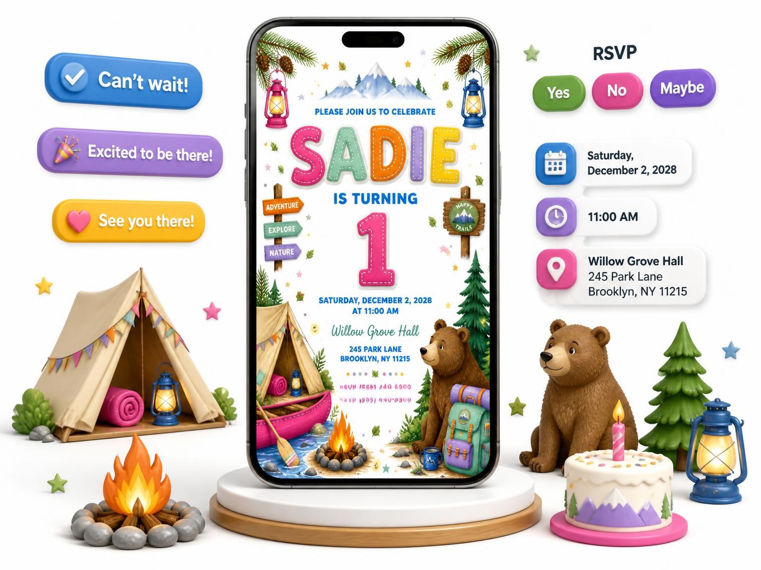 The Stitched Camping 1st Birthday Invitation invitation on a phone, with guest RSVPs arriving around it