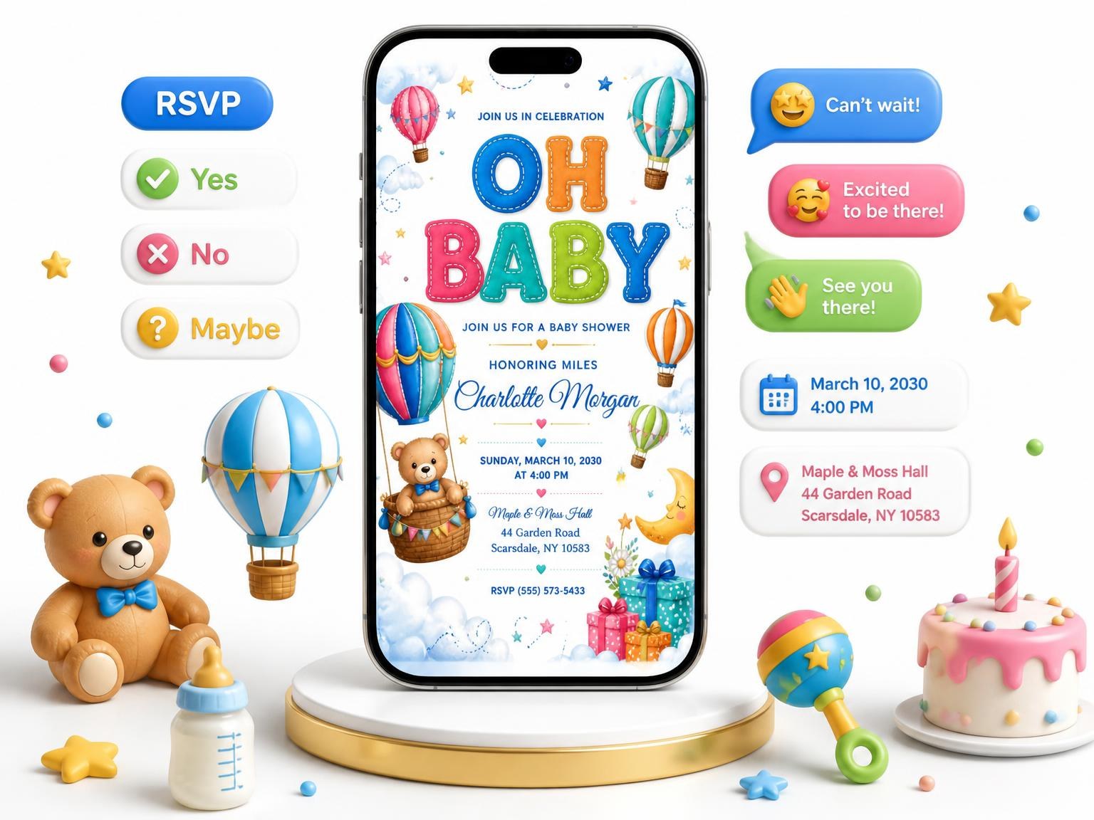 The Boxes Flowers Baby Shower Invitation invitation on a phone, with guest RSVPs arriving around it