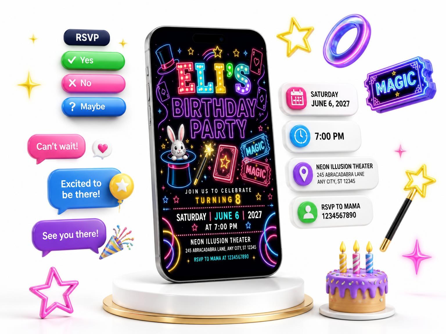 The Neon Magic Show 8th Birthday Invitation invitation on a phone, with guest RSVPs arriving around it