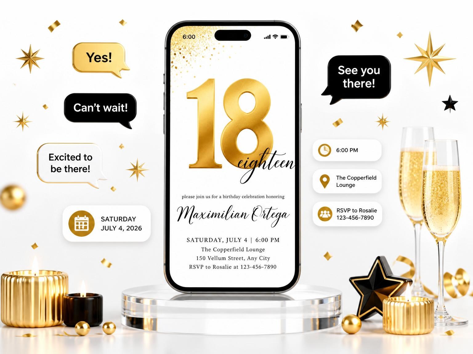 The Gold 3D Numeral 18th Birthday invitation on a phone, with guest RSVPs arriving around it