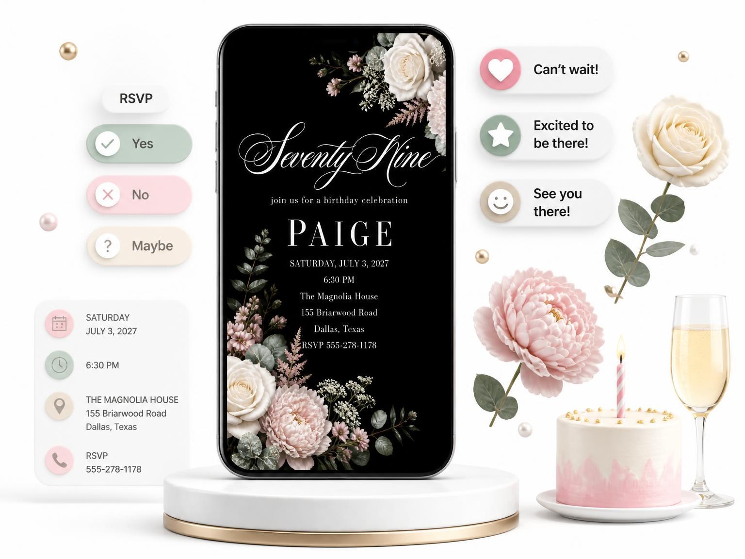The Black Floral 79th Birthday Invitation invitation on a phone, with guest RSVPs arriving around it