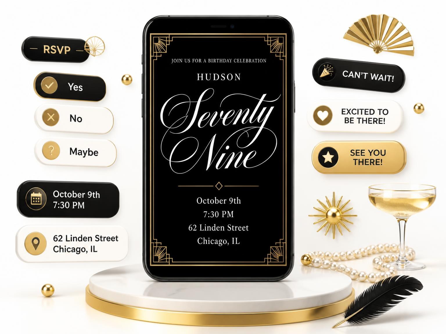 The Art Deco 79th Birthday Invitation invitation on a phone, with guest RSVPs arriving around it