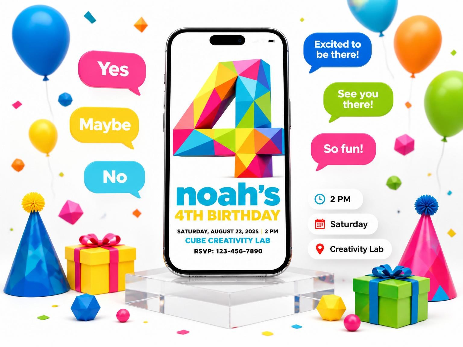 The Low-Poly Geometric Number 4th Birthday invitation on a phone, with guest RSVPs arriving around it