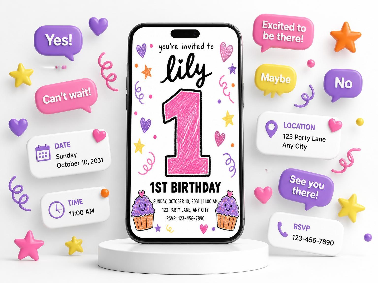 The Crayon Scribble 1st Birthday Invitation invitation on a phone, with guest RSVPs arriving around it