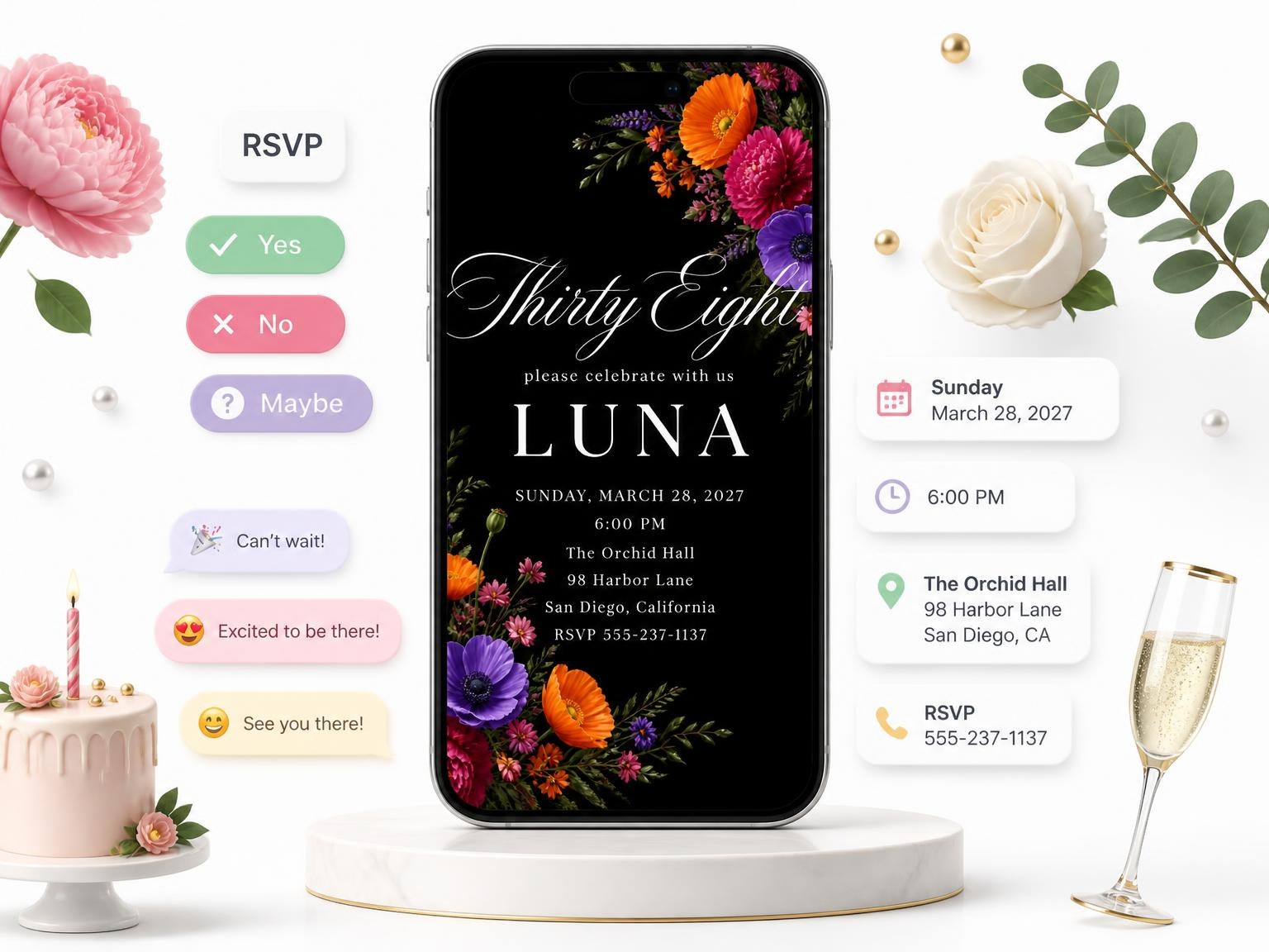 The Black Floral 38th Birthday Invitation invitation on a phone, with guest RSVPs arriving around it