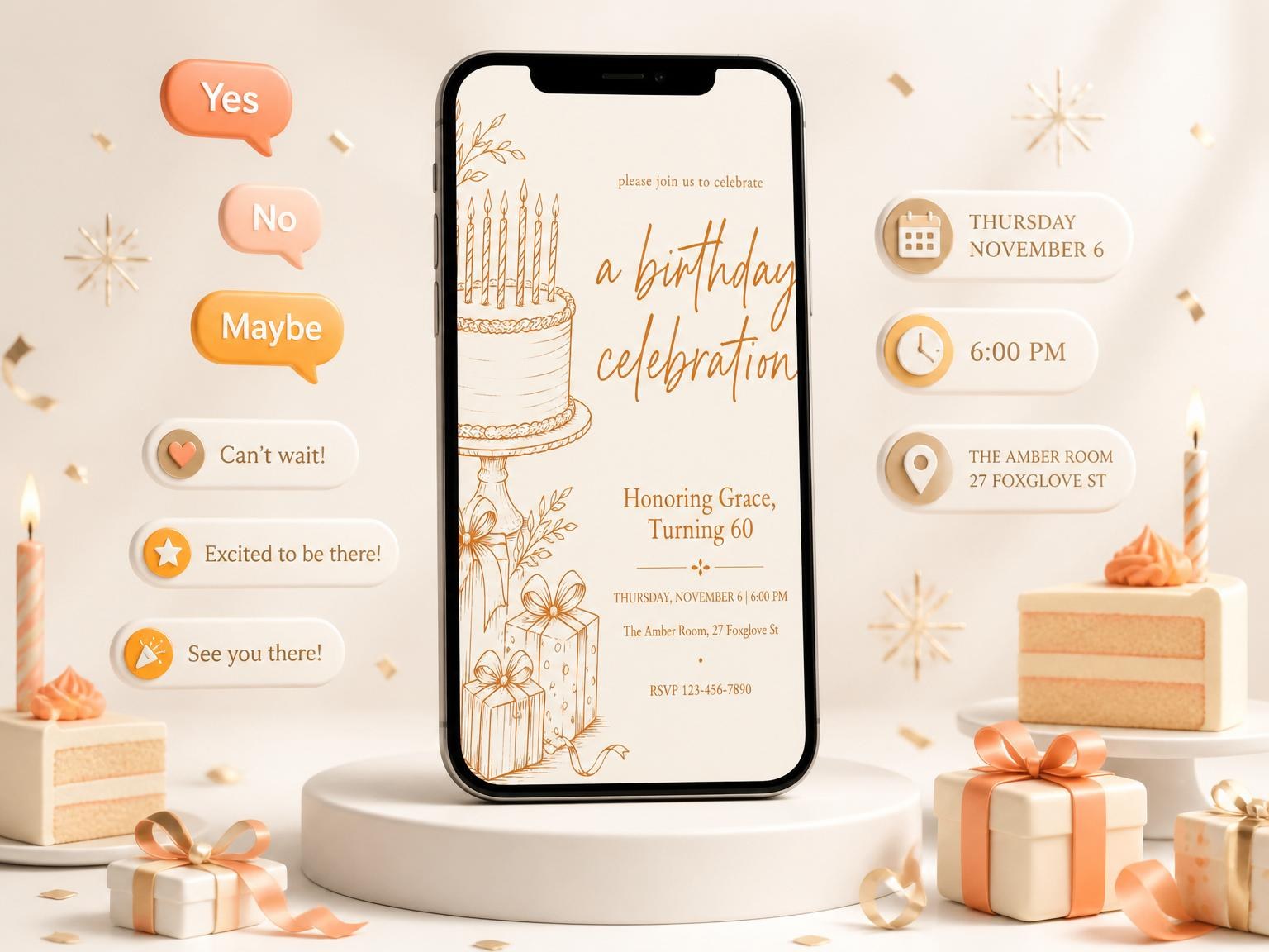 The Orange Ink Cake 60th Birthday Celebration invitation on a phone, with guest RSVPs arriving around it