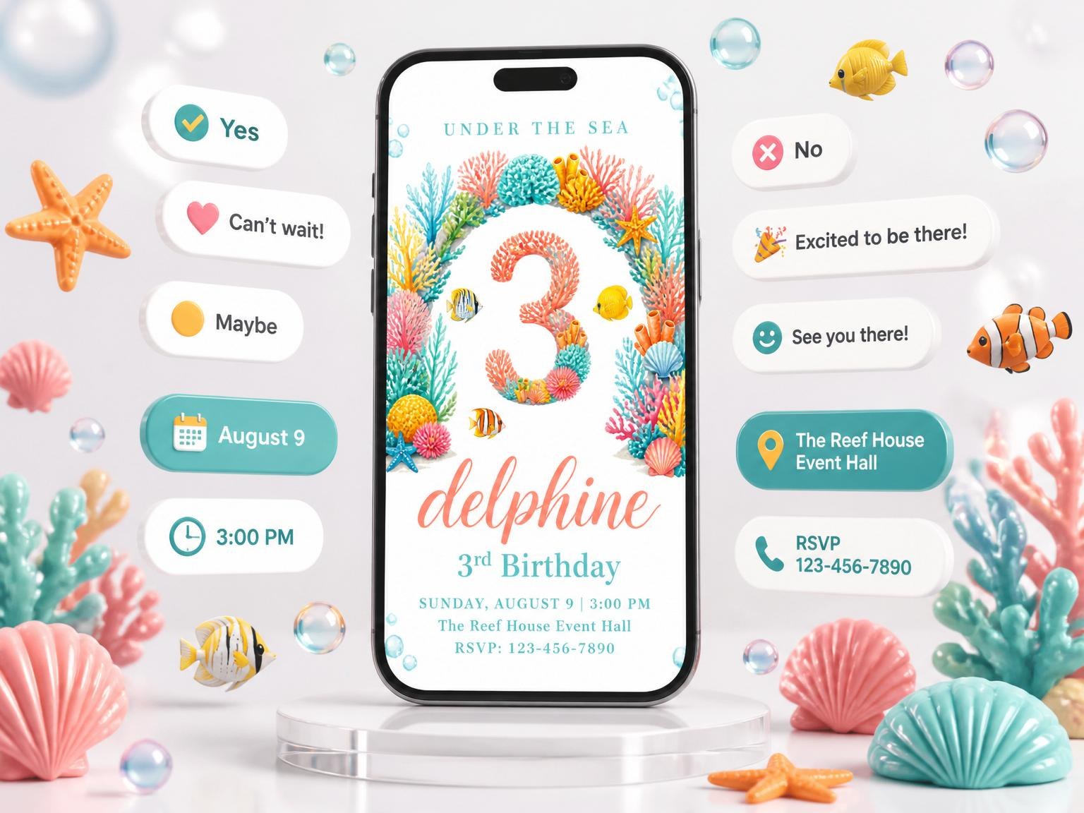 The Watercolor Coral Reef 3rd Birthday invitation on a phone, with guest RSVPs arriving around it