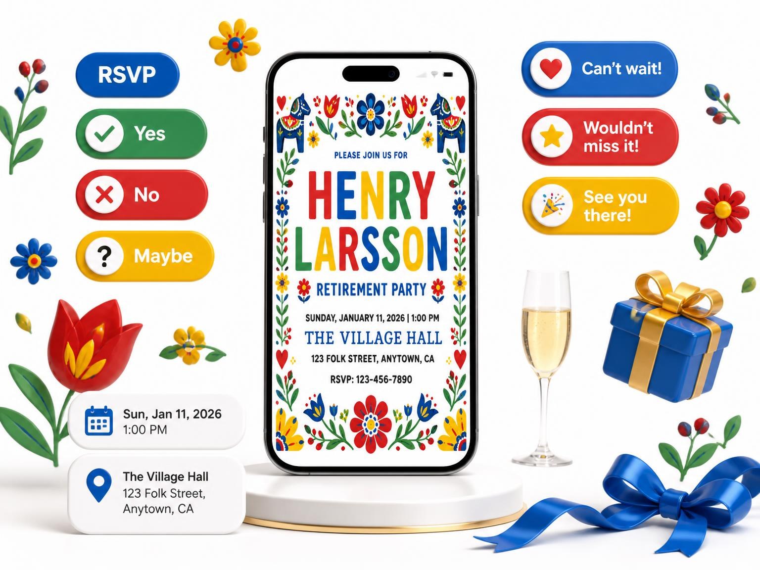 The Dala Horses Retirement Party Invitation invitation on a phone, with guest RSVPs arriving around it