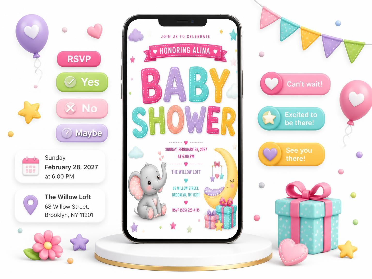 The Smiling Crescent Moon Baby Shower Invitation invitation on a phone, with guest RSVPs arriving around it