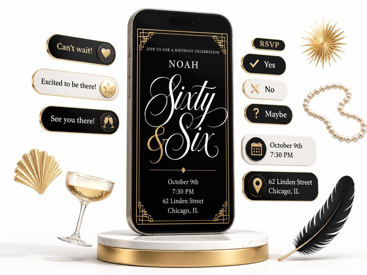 The Art Deco 66th Birthday Invitation invitation on a phone, with guest RSVPs arriving around it