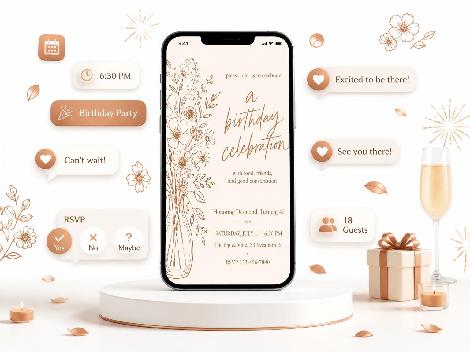 The Terracotta Line-Art Floral 45th Birthday Invitation invitation on a phone, with guest RSVPs arriving around it