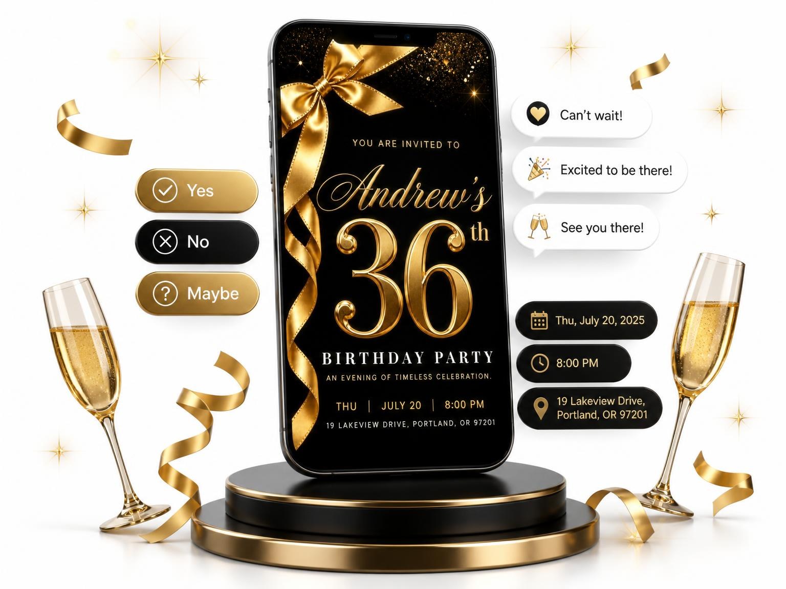 The Black and Gold Ribbon 36th Birthday invitation on a phone, with guest RSVPs arriving around it