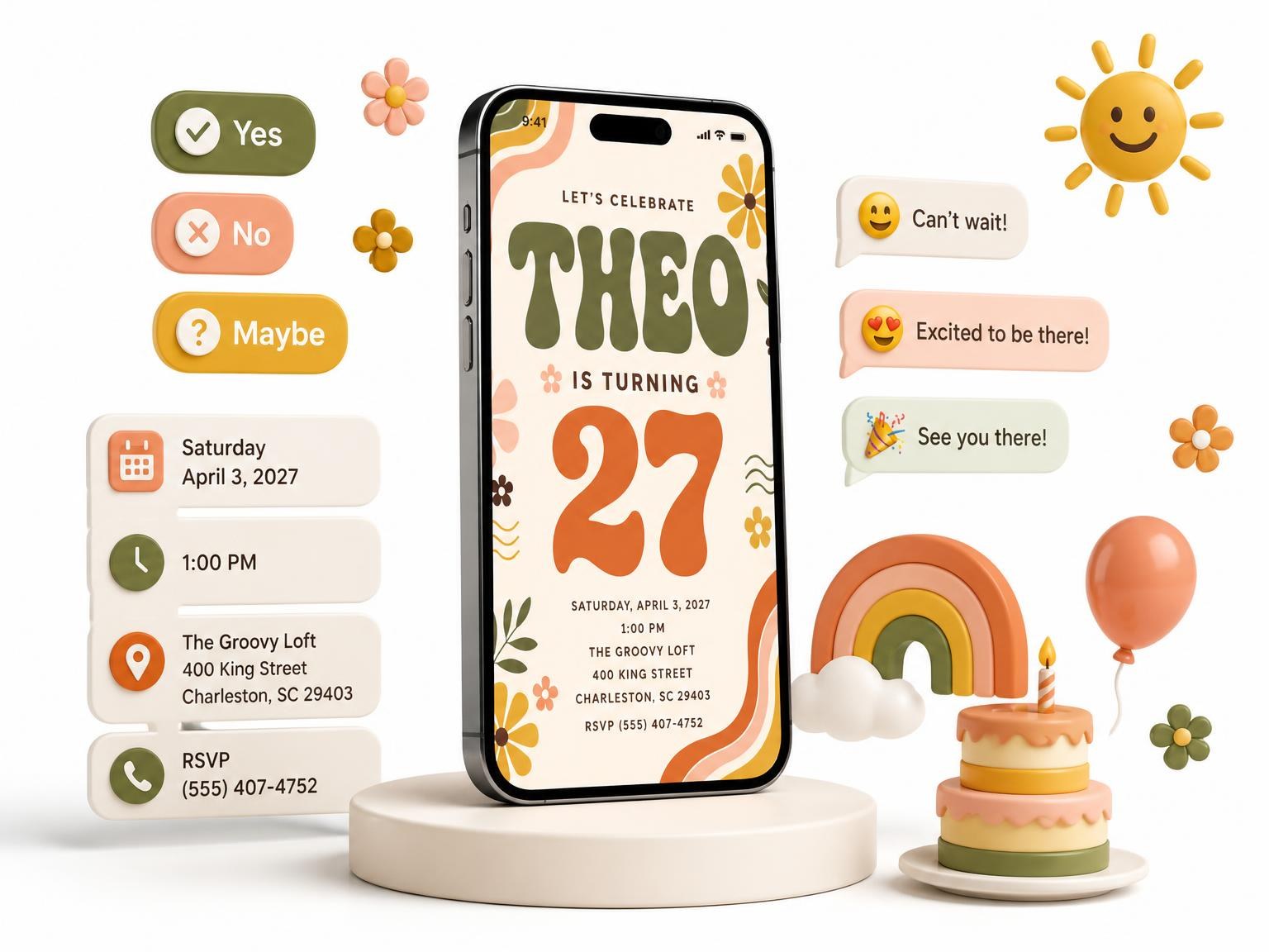 The Groovy Retro 27th Birthday Invitation invitation on a phone, with guest RSVPs arriving around it