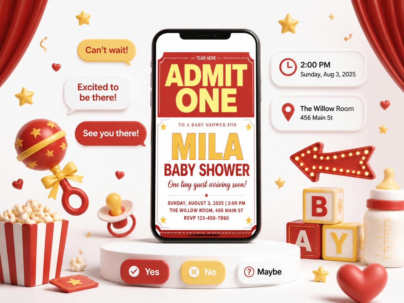 The Red and Yellow Cinema Ticket Baby Shower invitation on a phone, with guest RSVPs arriving around it