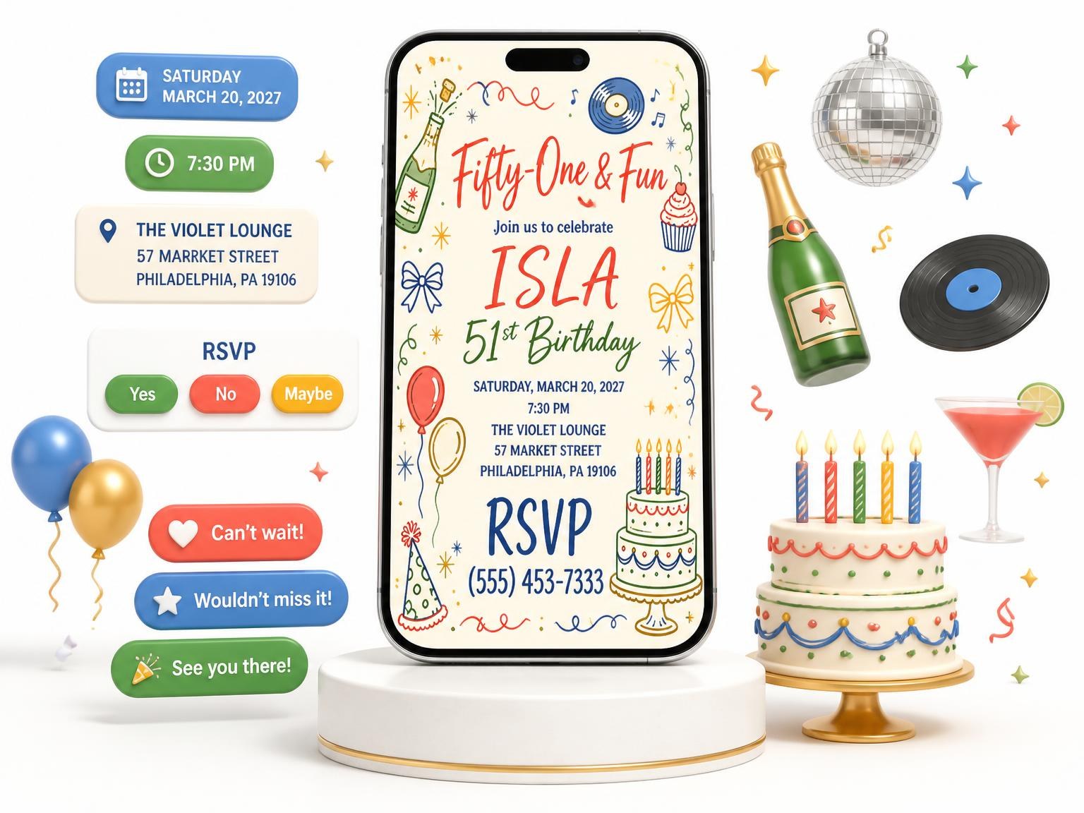 The Retro Doodle 51st Birthday Invitation invitation on a phone, with guest RSVPs arriving around it