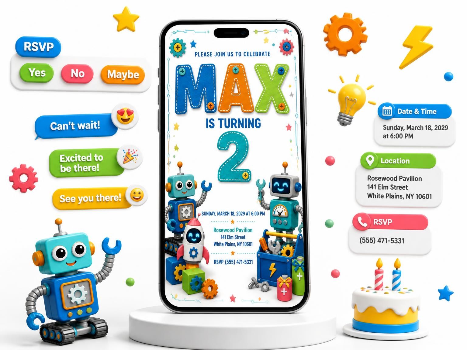 The Stitched Robot 2nd Birthday Invitation invitation on a phone, with guest RSVPs arriving around it